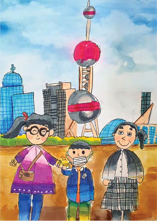 Family of three standing before the Oriental Pearl Tower and a city skyline, in watercolour