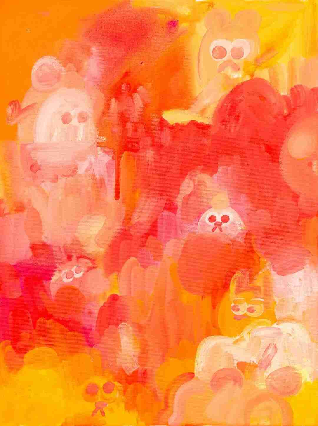 Painting by Jon Burgerman in warm orange and red tones with small doodle character faces