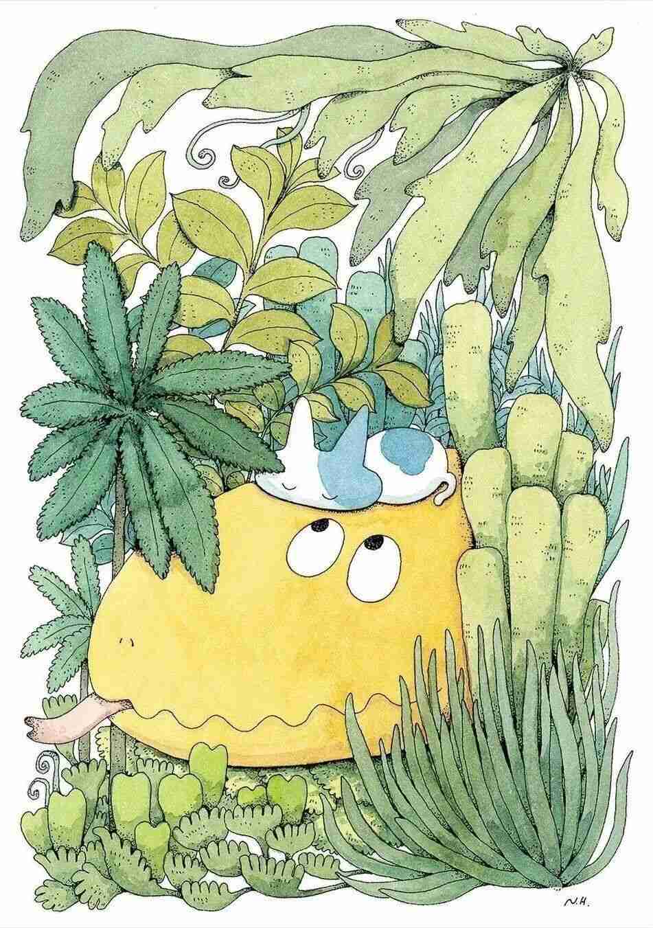 Illustration by Naoto Hidaka of a cat lounging in the sun with eyes half-closed