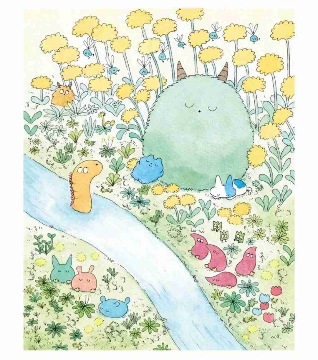 Illustration by Naoto Hidaka of a tranquil, dreamlike forest glade
