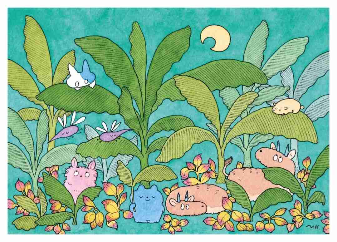 Illustration by Naoto Hidaka of leaves and petals in delicate, breathing brushstrokes