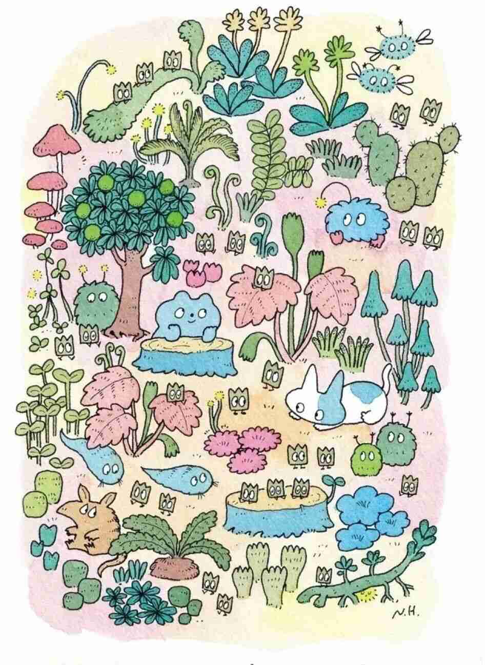 Illustration by Naoto Hidaka of a garden scene with many small spirit creatures scattered among mushrooms, ferns, a tree stump, and a resting cat
