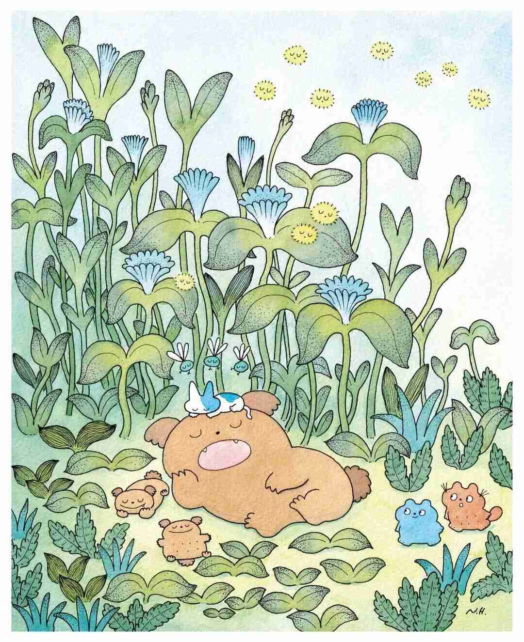 Illustration by Naoto Hidaka of a sleeping furry creature with two babies in a flowering meadow, surrounded by small spirit creatures and floating seeds