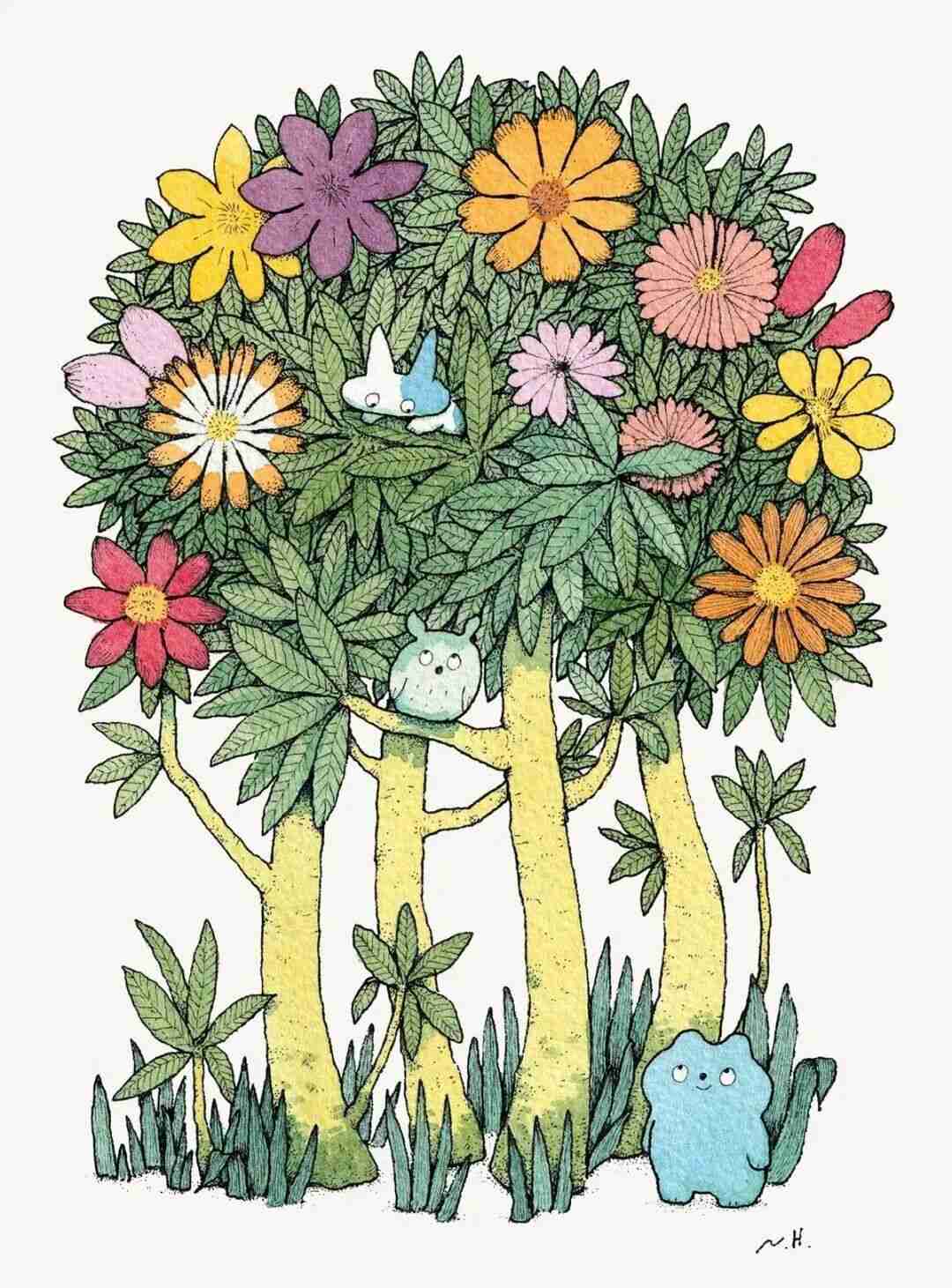 Illustration by Naoto Hidaka of a flowering tree with small spirit creatures nestled among its blossoms and branches