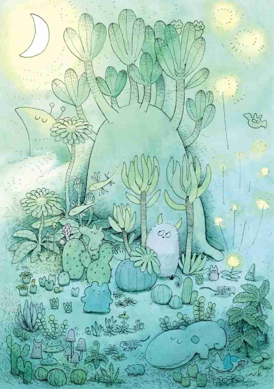 Illustration by Naoto Hidaka of a sleeping furry creature and a small bat among tall succulent-like plants under a crescent moon and fireflies