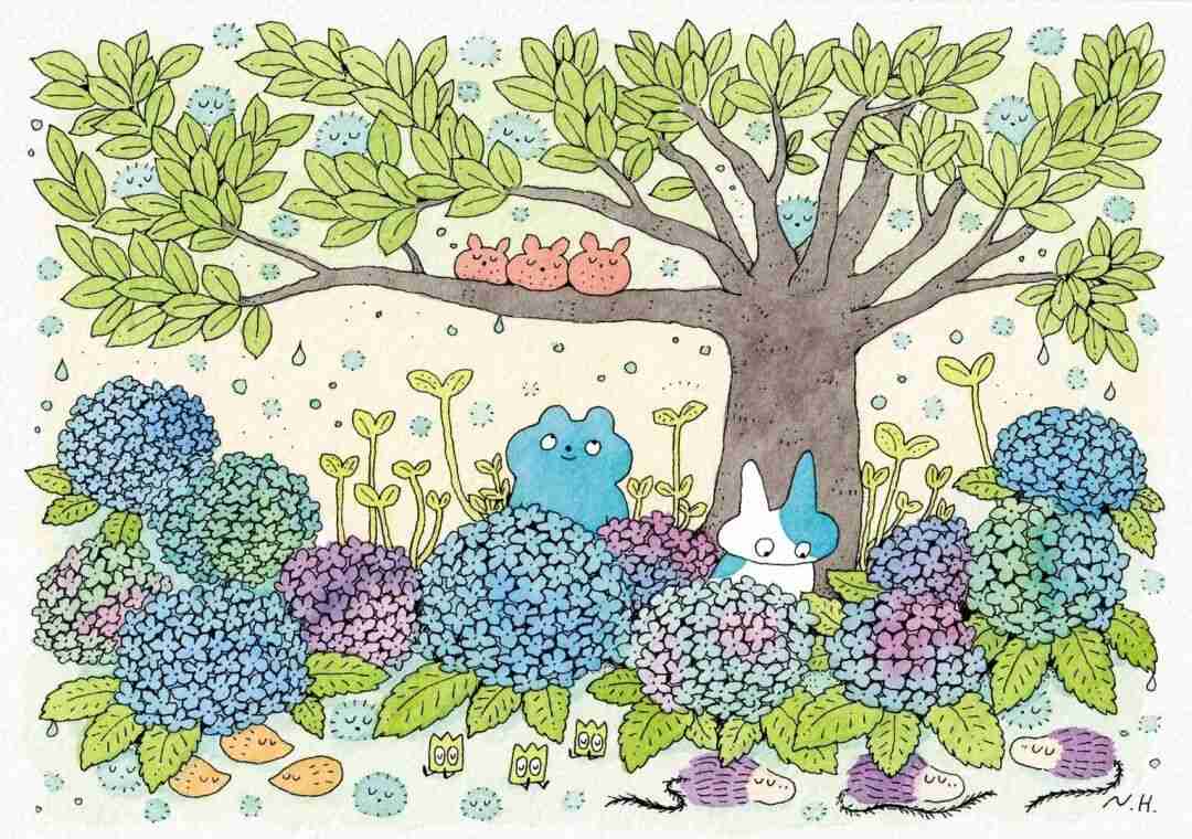 Illustration by Naoto Hidaka of trailing vines and mushrooms in soft, glowing color