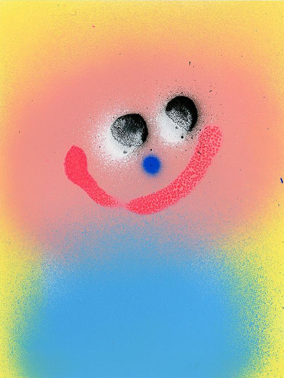 Spray-paint smiley face artwork by Jon Burgerman in pink, yellow, and blue
