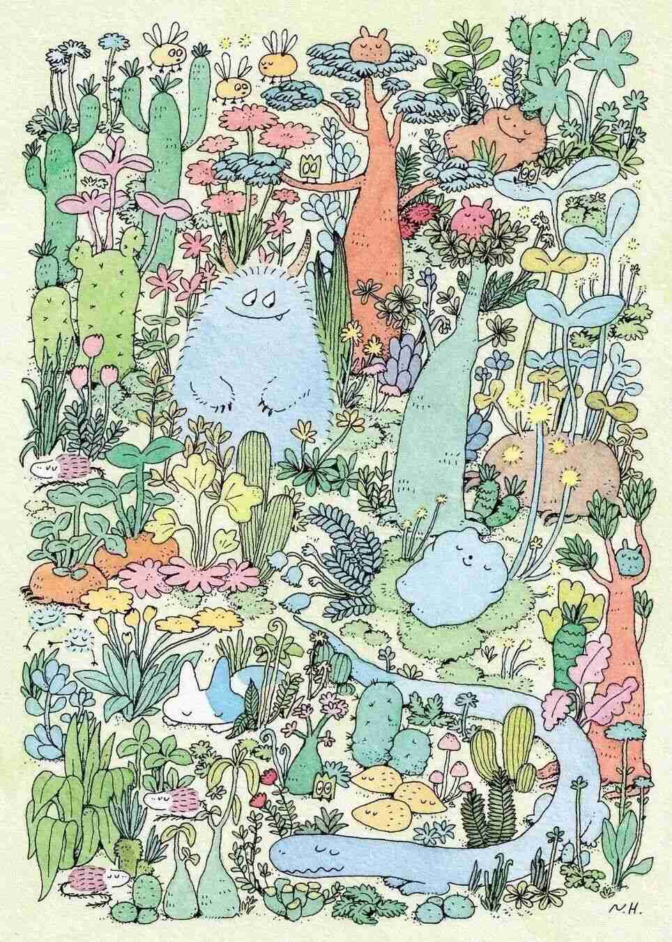 Illustration by Naoto Hidaka of a garden filled with cacti, wildflowers, and small furry spirit creatures