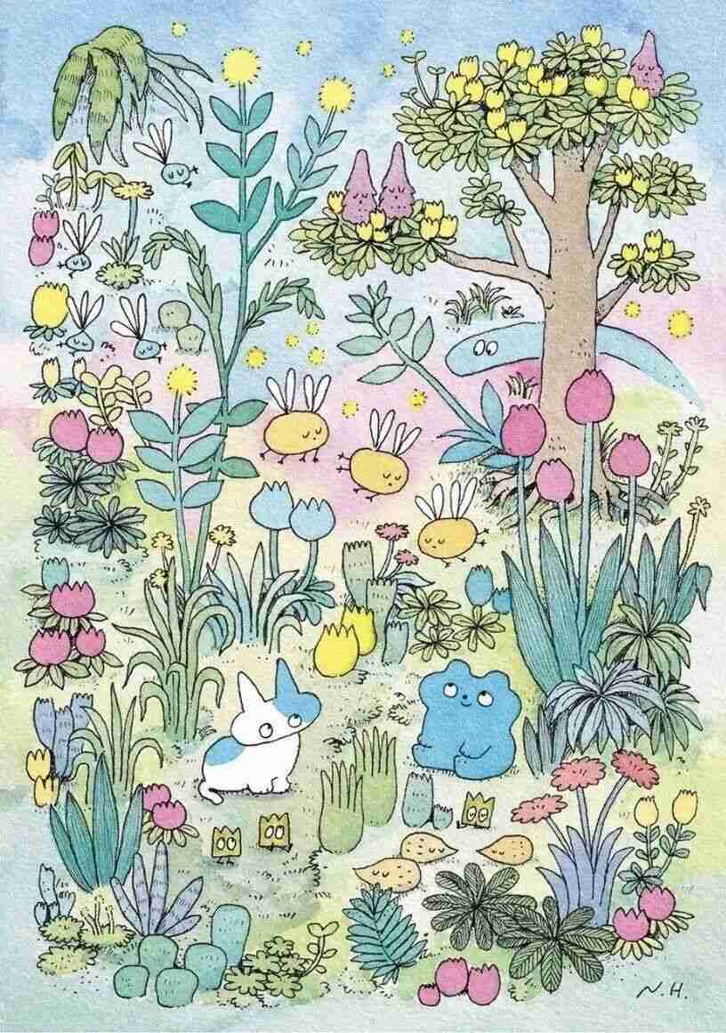 Illustration by Naoto Hidaka of plants and small creatures made for a children's science book