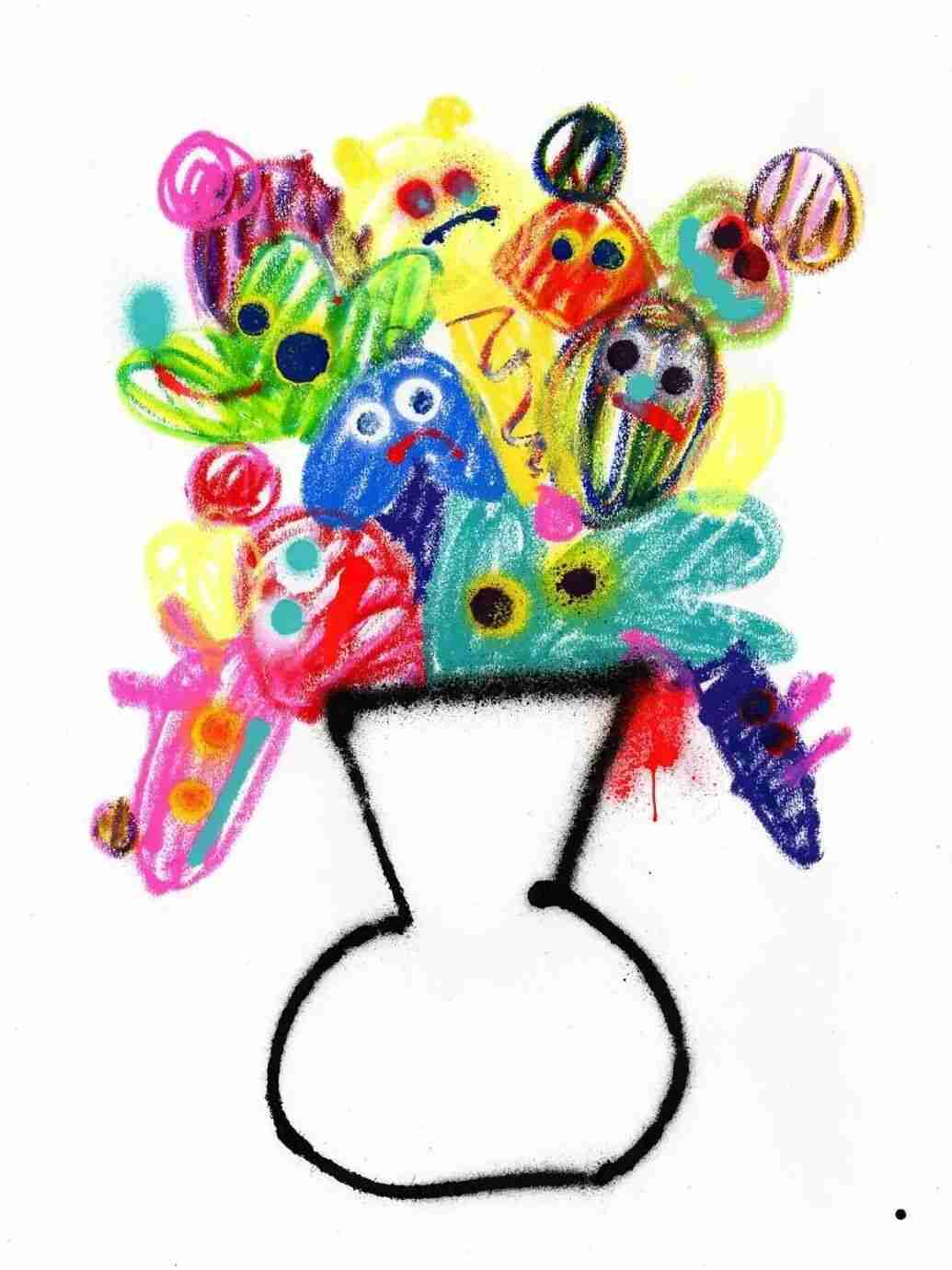 Doodle artwork by Jon Burgerman of a vase overflowing with colorful cartoon-faced characters