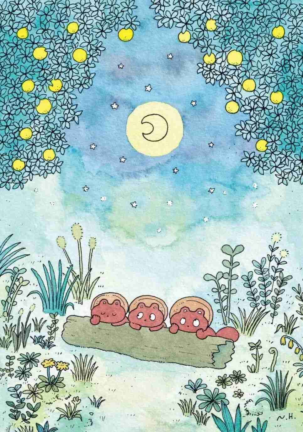 Illustration by Naoto Hidaka of a round, wide-eyed spirit creature drawn with a few simple strokes