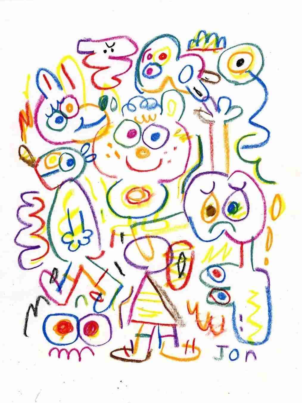 Example of Jon Burgerman's spray-paint and oil pastel doodle style