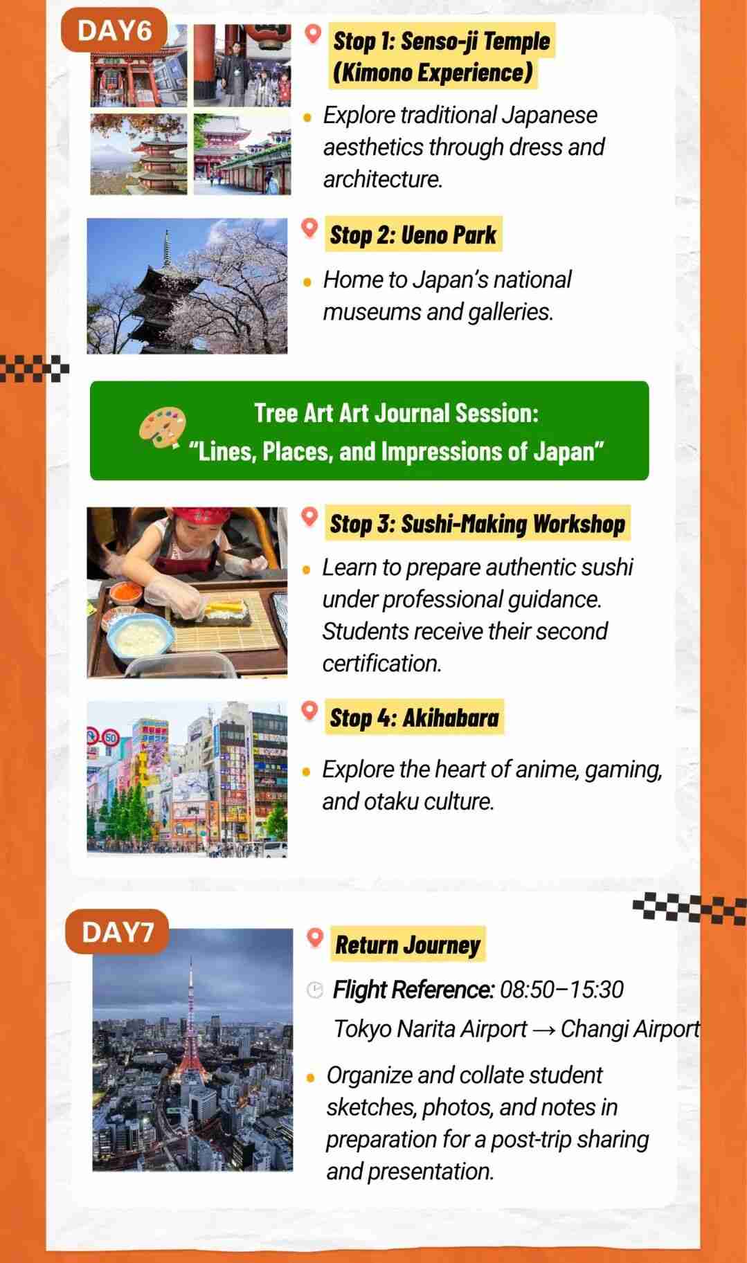 Itinerary details for Days 6 and 7, including a kimono experience at Senso-ji Temple, Ueno Park, a sushi-making workshop, Akihabara, and the return flight home