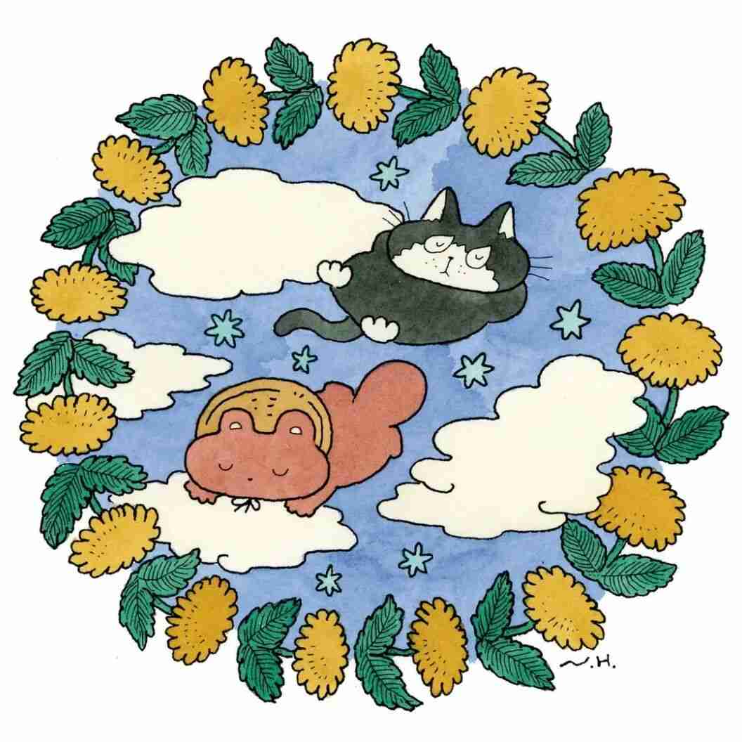 Whimsical illustration by Naoto Hidaka featuring small spirit-like creatures among plants