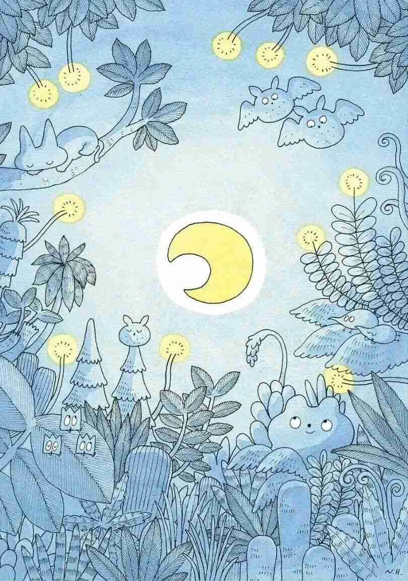 Illustration by Naoto Hidaka of a small round spirit with innocent, blinking eyes