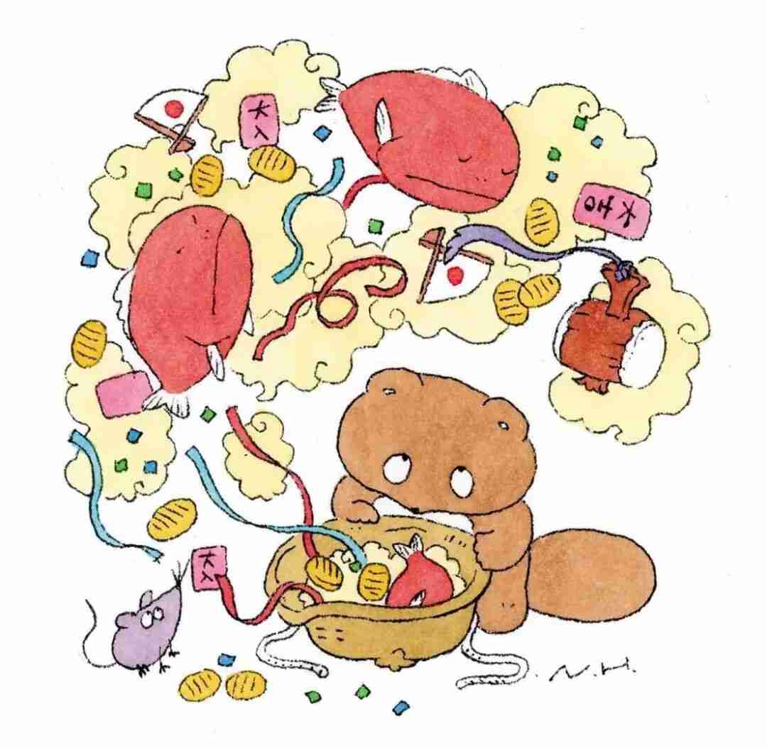 Comic-style illustration by Naoto Hidaka of a rodent character eating from a bowl beneath a dream bubble of sleeping creatures and Japanese text labels