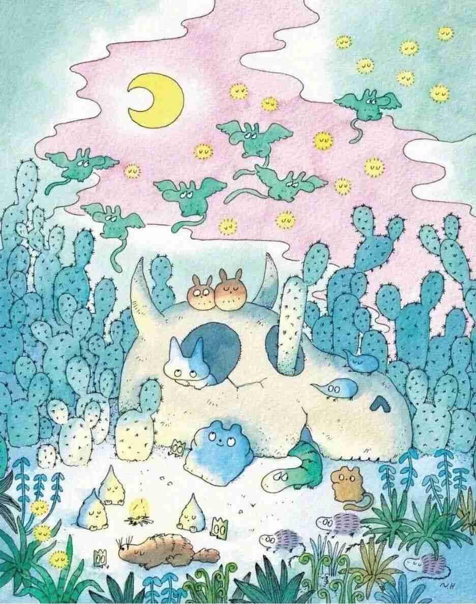Illustration by Naoto Hidaka blending botanical detail with playful character design