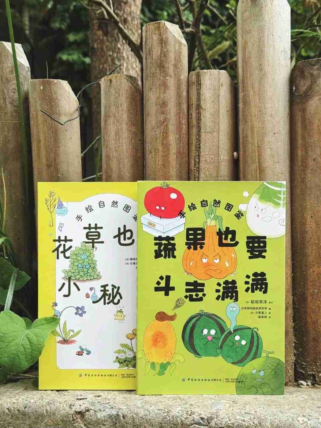 Photo of the two science picture books illustrated by Naoto Hidaka, Fruits and Vegetables Can Be Full of Fighting Spirit Too and Flowers and Plants Have Little Secrets as Well, propped against a wooden fence