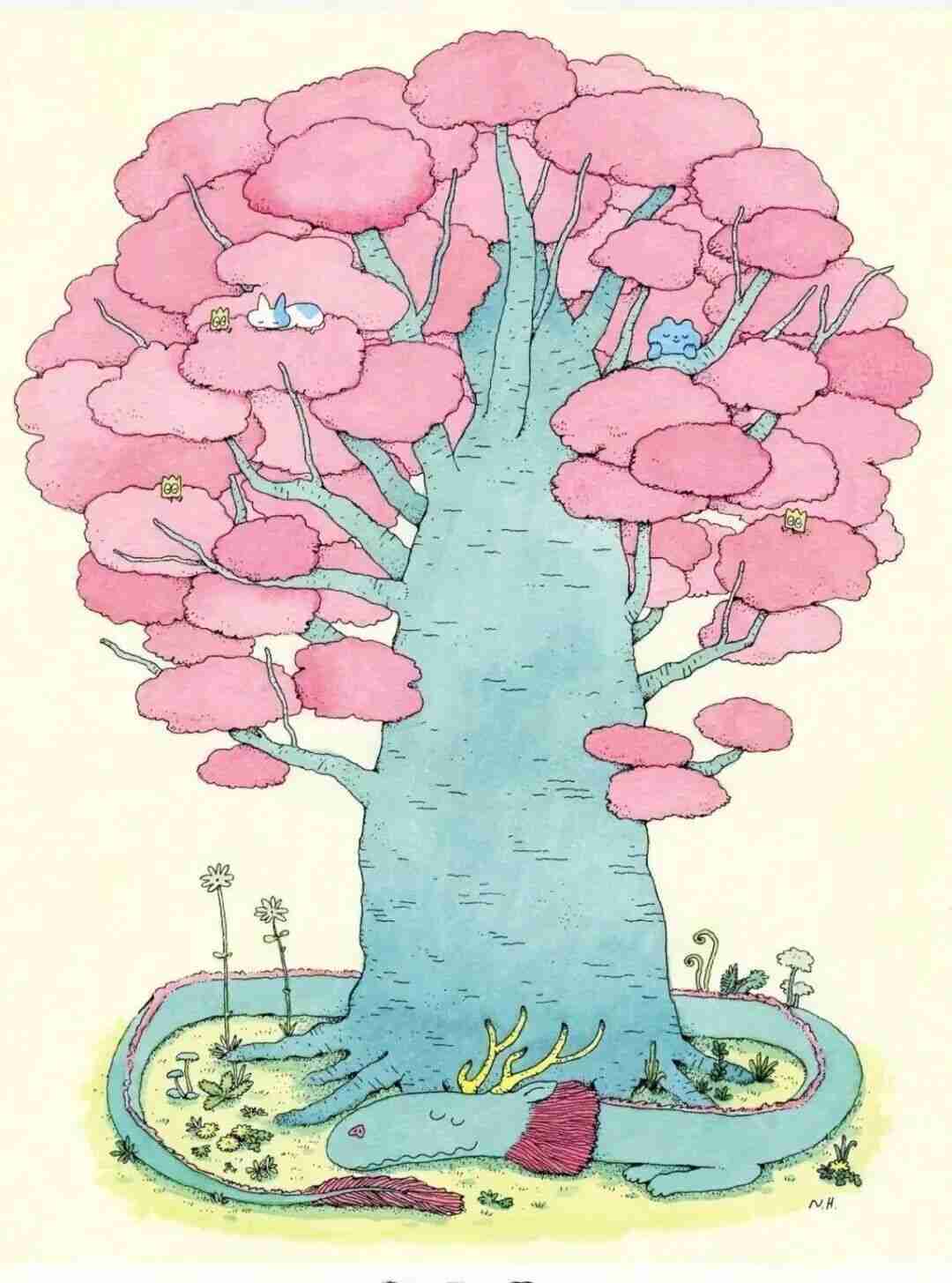 Illustration by Naoto Hidaka of a round cat shown from behind, with only its back half visible