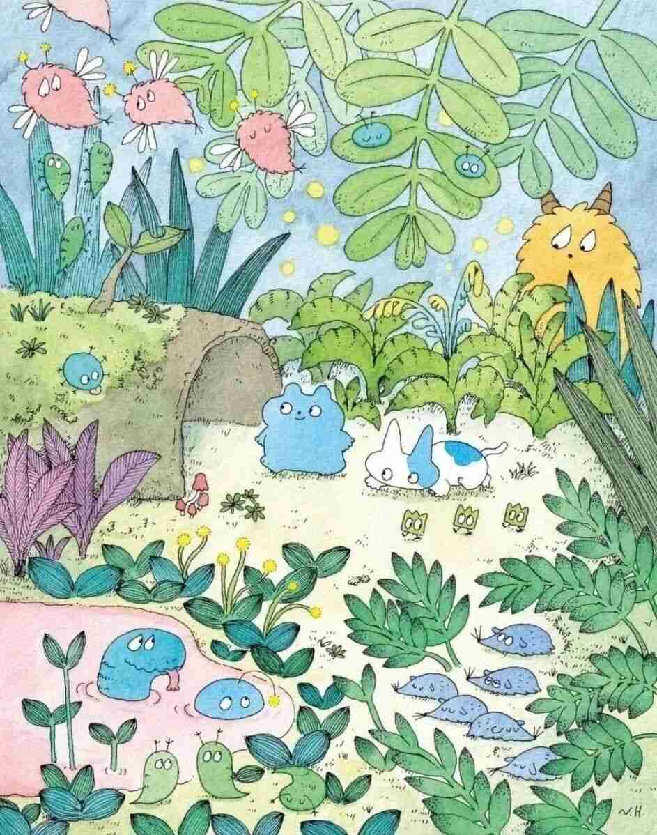 Illustration by Naoto Hidaka of a garden scene with flower-headed creatures, a burrow entrance, small owl-eyed spirits, and blue creatures swimming in a pond