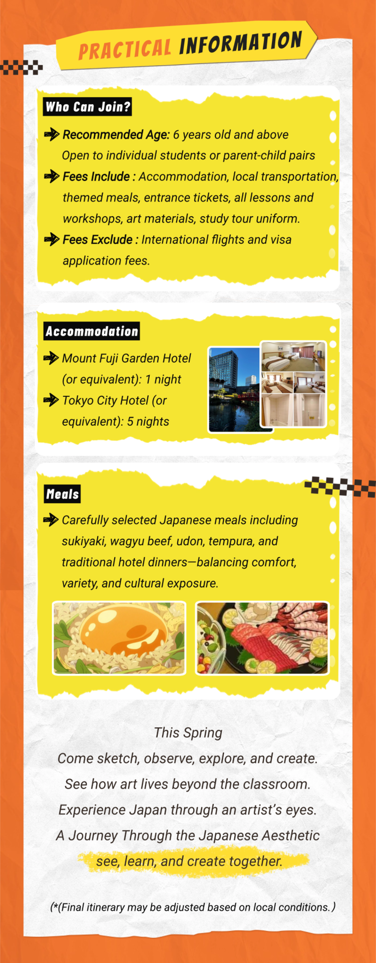 Practical information graphic covering who can join, fees included and excluded, accommodation at the Mount Fuji Garden Hotel and a Tokyo city hotel, and sample Japanese meals for the study tour