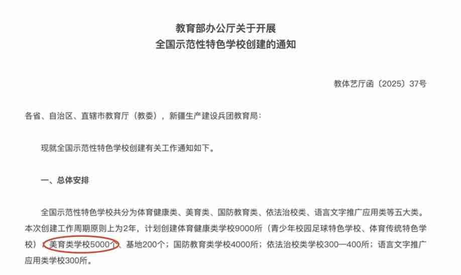 Official Chinese Ministry of Education notice announcing 5,000 new art-education-focused schools