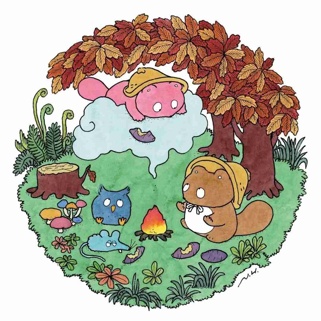 Illustration by Naoto Hidaka closing with a warm, nature-filled retro fairy-tale scene