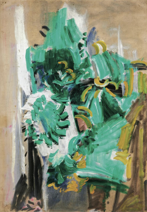 An abstract expressionist painting with bold green and yellow brushstrokes