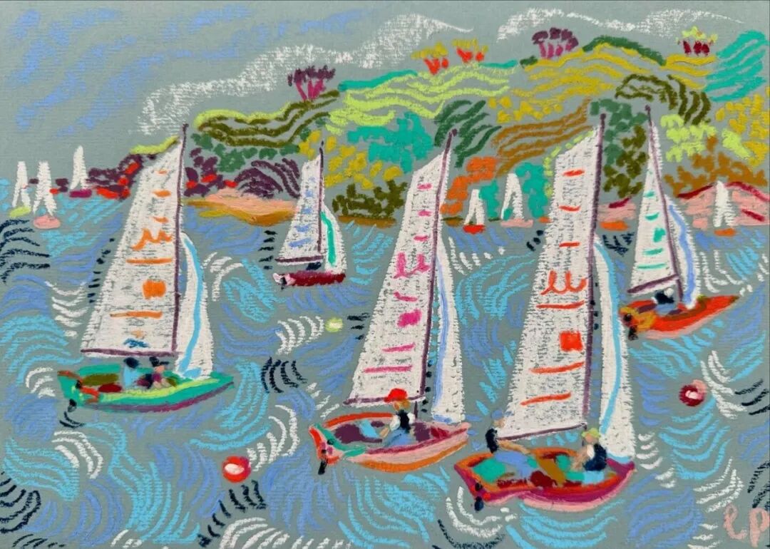 A brightly colored Camilla Perkins illustration exhibited at a major institution