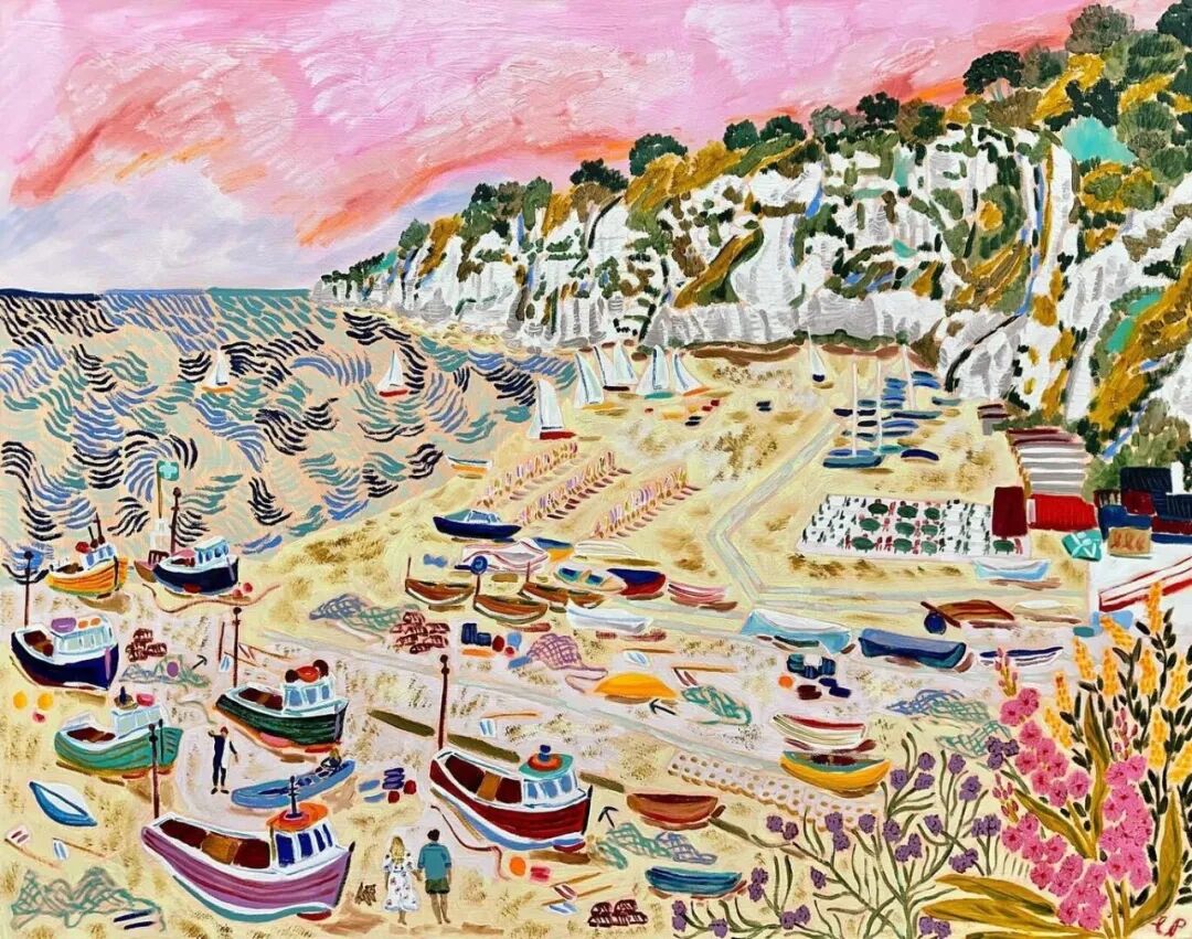 A high-saturation Camilla Perkins illustration mixing peach pink, lemon yellow, indigo and emerald green