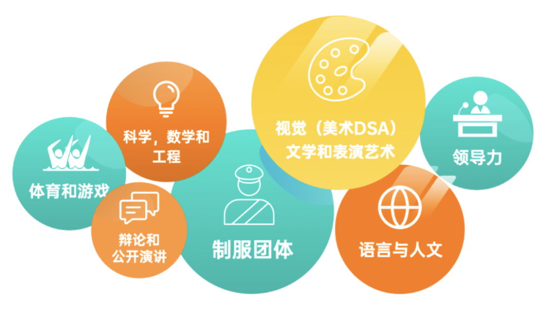 Infographic of DSA talent categories: sports and games, science/math/engineering, debate and public speaking, uniformed groups, visual arts (highlighted), language and humanities, and leadership