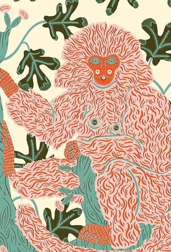 A stylized illustration of a coral-pink primate with detailed fur texture, created for the Extinction Club project on endangered species