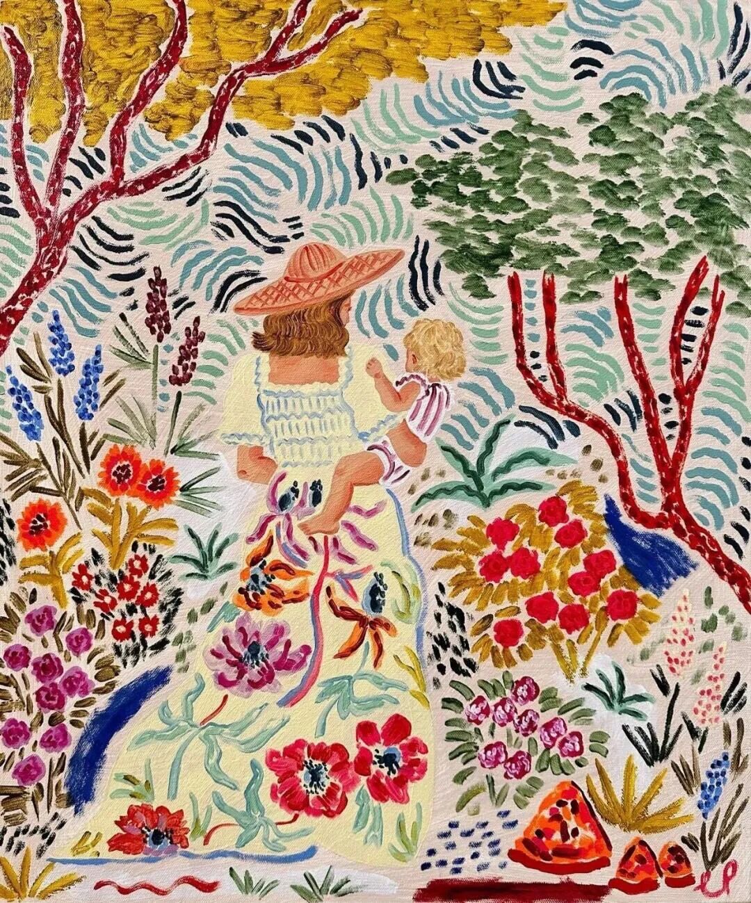 A mother in a sun hat holding a young child amid a densely flowering garden, painted by Camilla Perkins