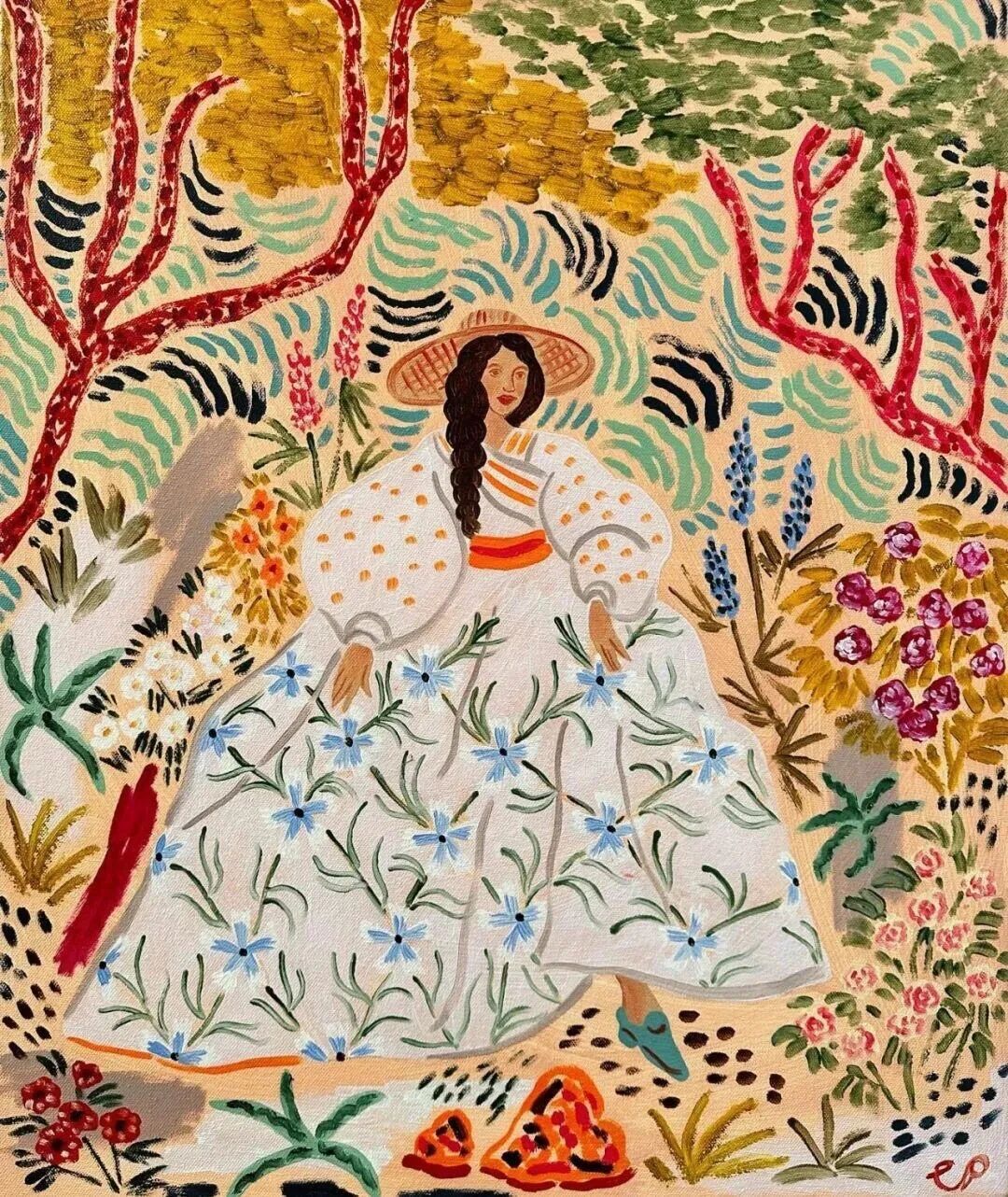 Illustration of a woman in a floral dress standing amid a garden of flowers, painted in Camilla Perkins' bold, saturated colors