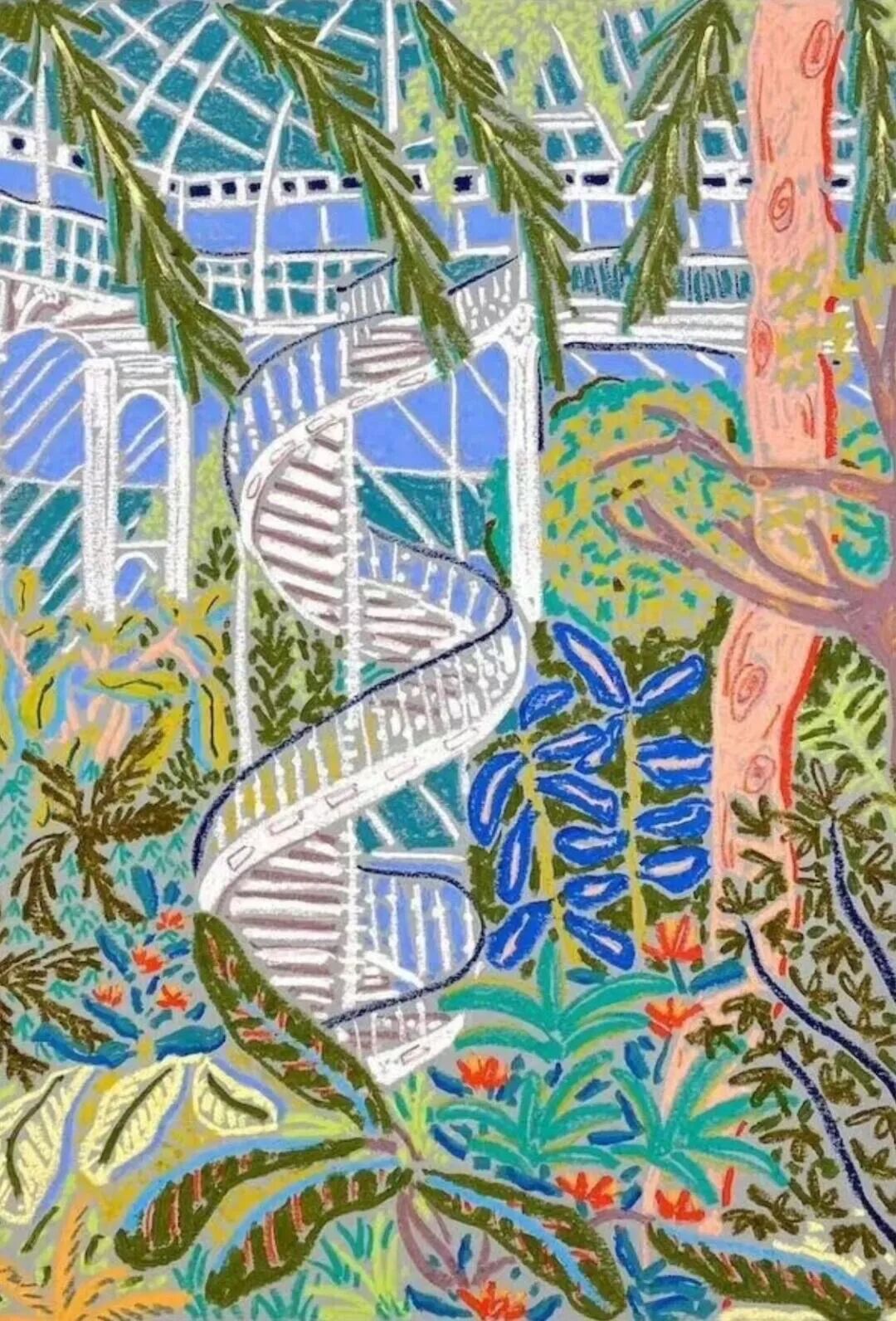 A greenhouse scene with a spiral staircase and dense foliage, rendered in Camilla Perkins' visible oil-pastel strokes