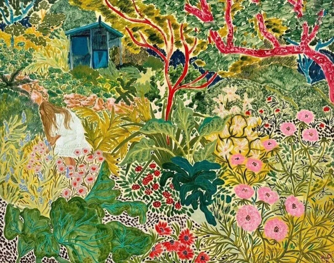 A garden painting by Camilla Perkins in saturated greens, pinks and reds, with a small figure crouched among the flowers