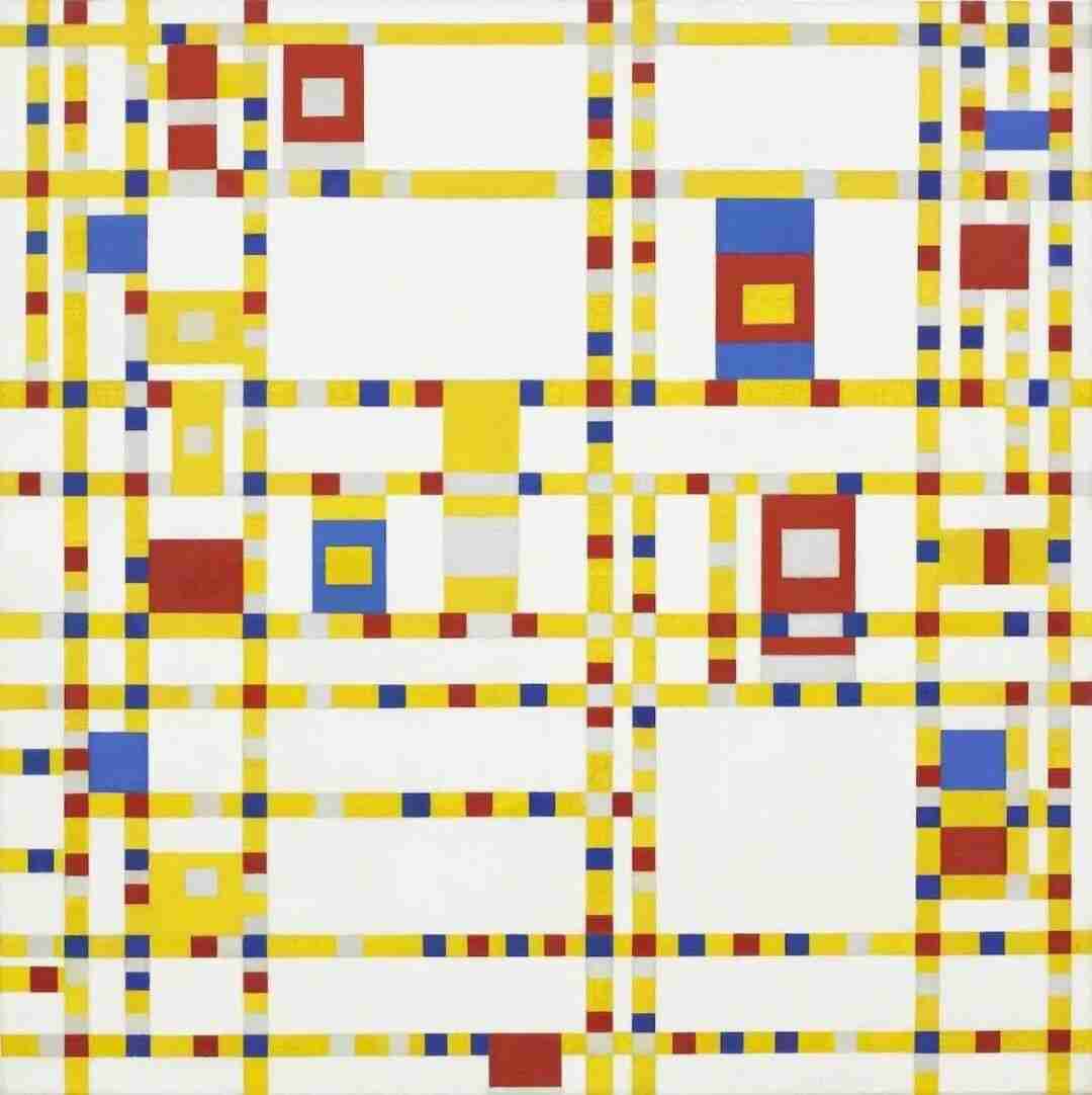 A geometric abstract composition in Mondrian's signature style of black grid lines and primary colors