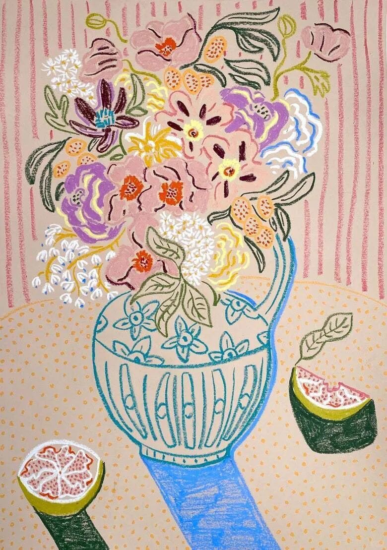 A still-life illustration of a flower-filled vase and sliced pomegranates on a patterned tablecloth, built from simple geometric shapes