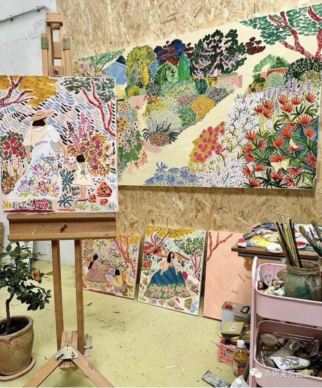 Another vividly colored illustration by Camilla Perkins blending flowers and everyday scenes