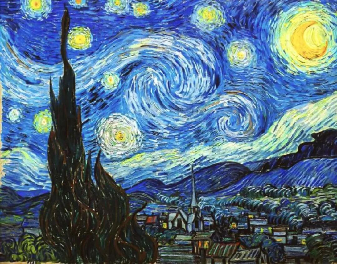 Vincent van Gogh's The Starry Night, with swirling blue night sky over a village