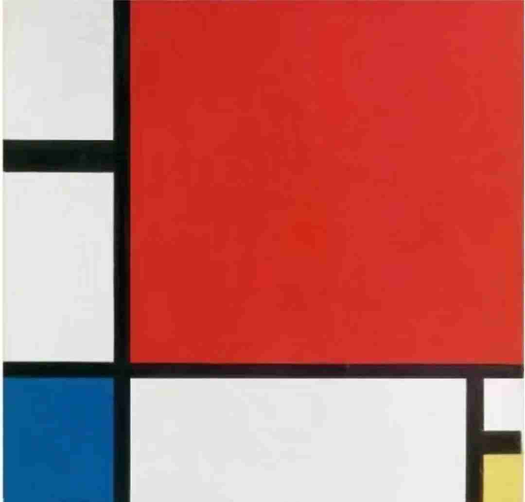 Piet Mondrian's Composition with Red, Yellow, and Blue, with bold black grid lines and primary-color blocks