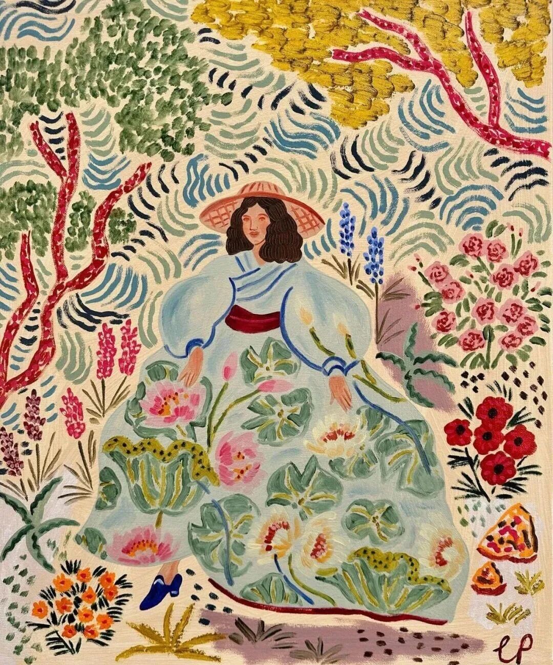 A Camilla Perkins illustration of a family scene set among flowers and greenery