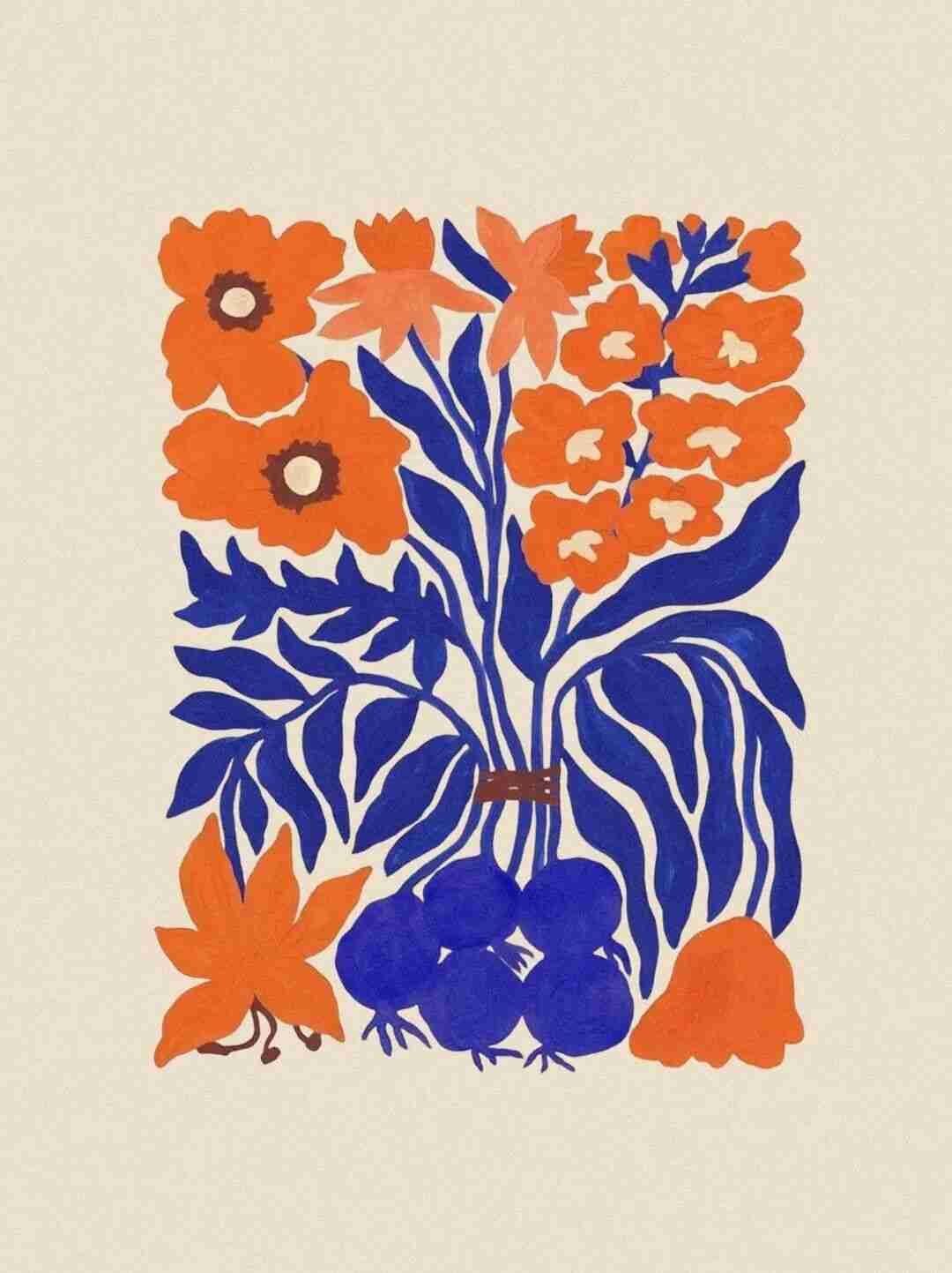 Liv Lee's gouache illustration of orange wildflowers and blueberries with wobbly blue leaves