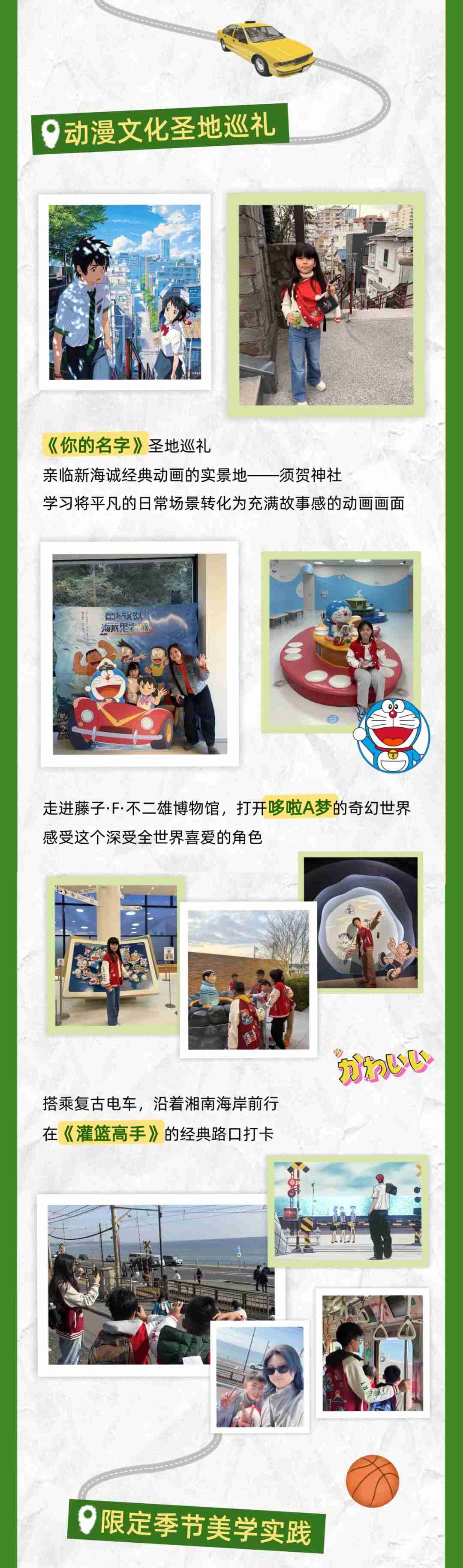 Collage from the anime pilgrimage: a scene from Your Name beside Suga Shrine, a visit to the Fujiko F. Fujio Museum with Doraemon displays, and a tram ride to the Slam Dunk crossing on the Shonan coast