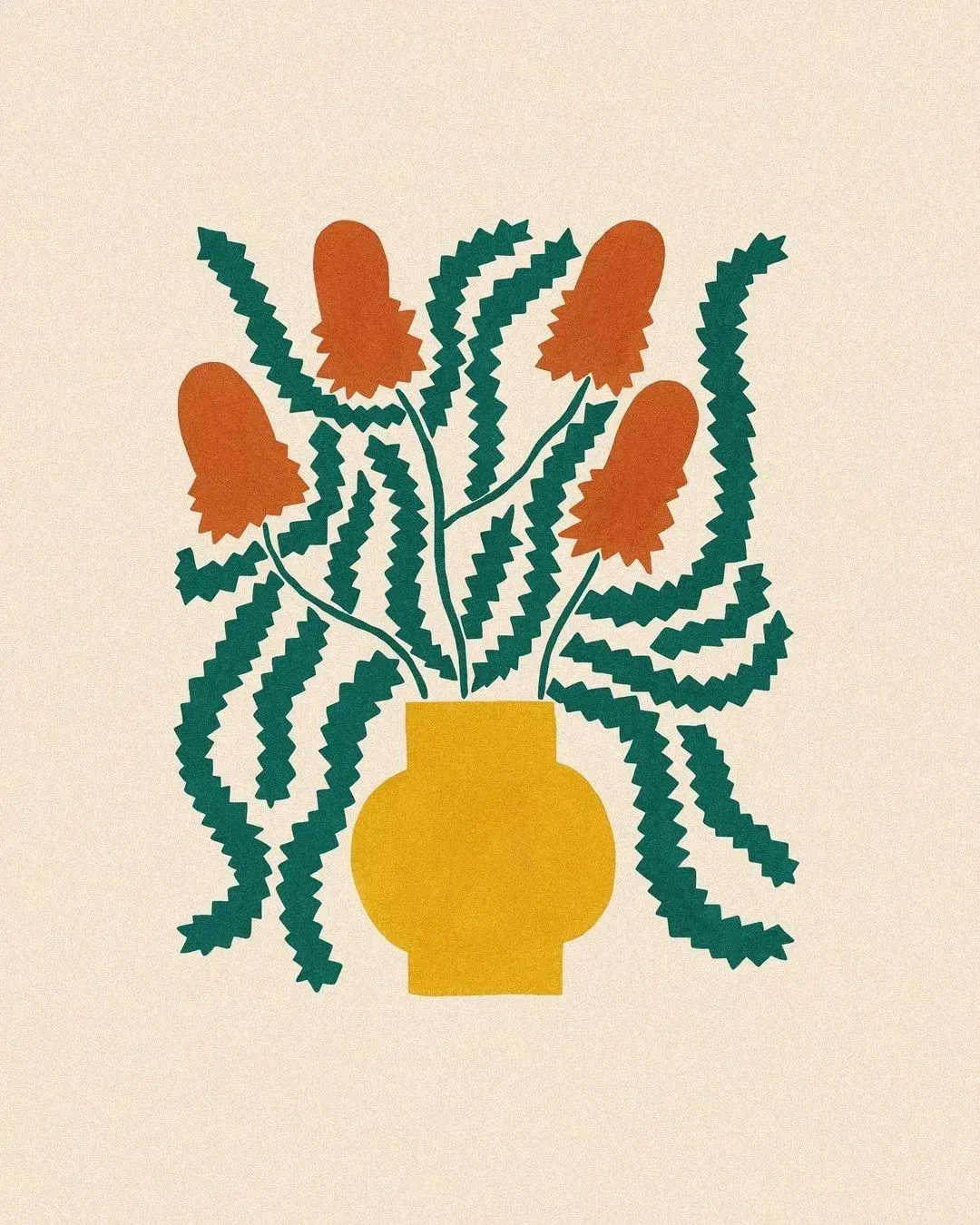 Liv Lee's gouache illustration of orange banksia-style flowers in a yellow vase with wavy green leaves