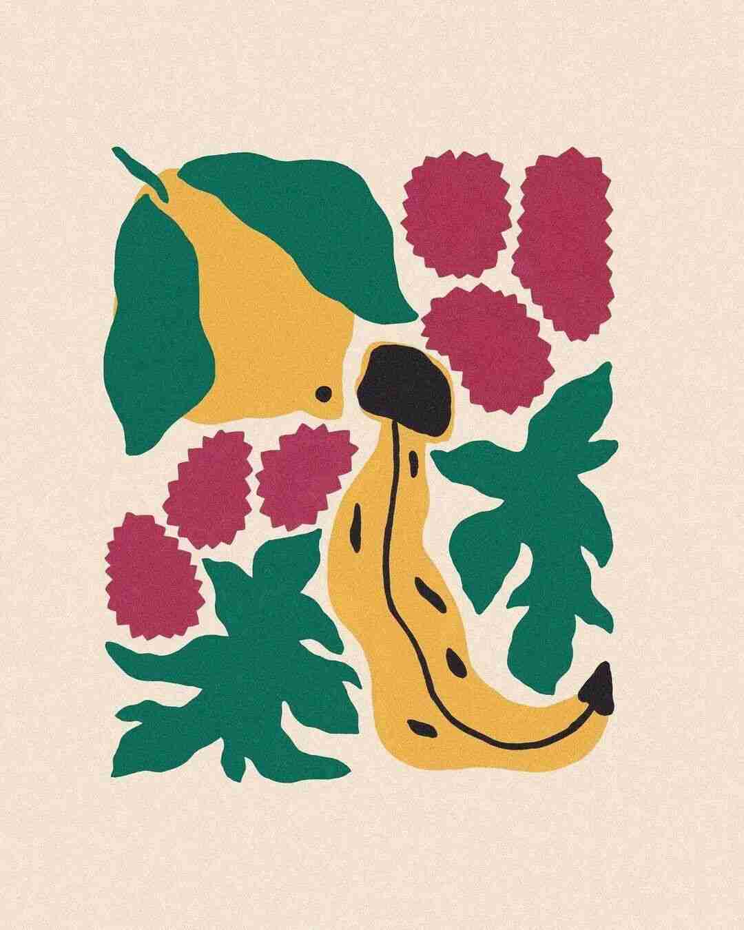 Liv Lee's illustration of a mango, wobbly banana, and clustered berries among green leaves