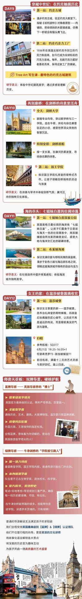 Daily itinerary graphic for Days 9-12, covering the historic city of York and its chocolate factory, Cambridge University and punting, King's College, the Seven Sisters cliffs, Brighton beach, and Windsor Castle, with a section introducing the program's Blue Badge and Green Badge tour guides