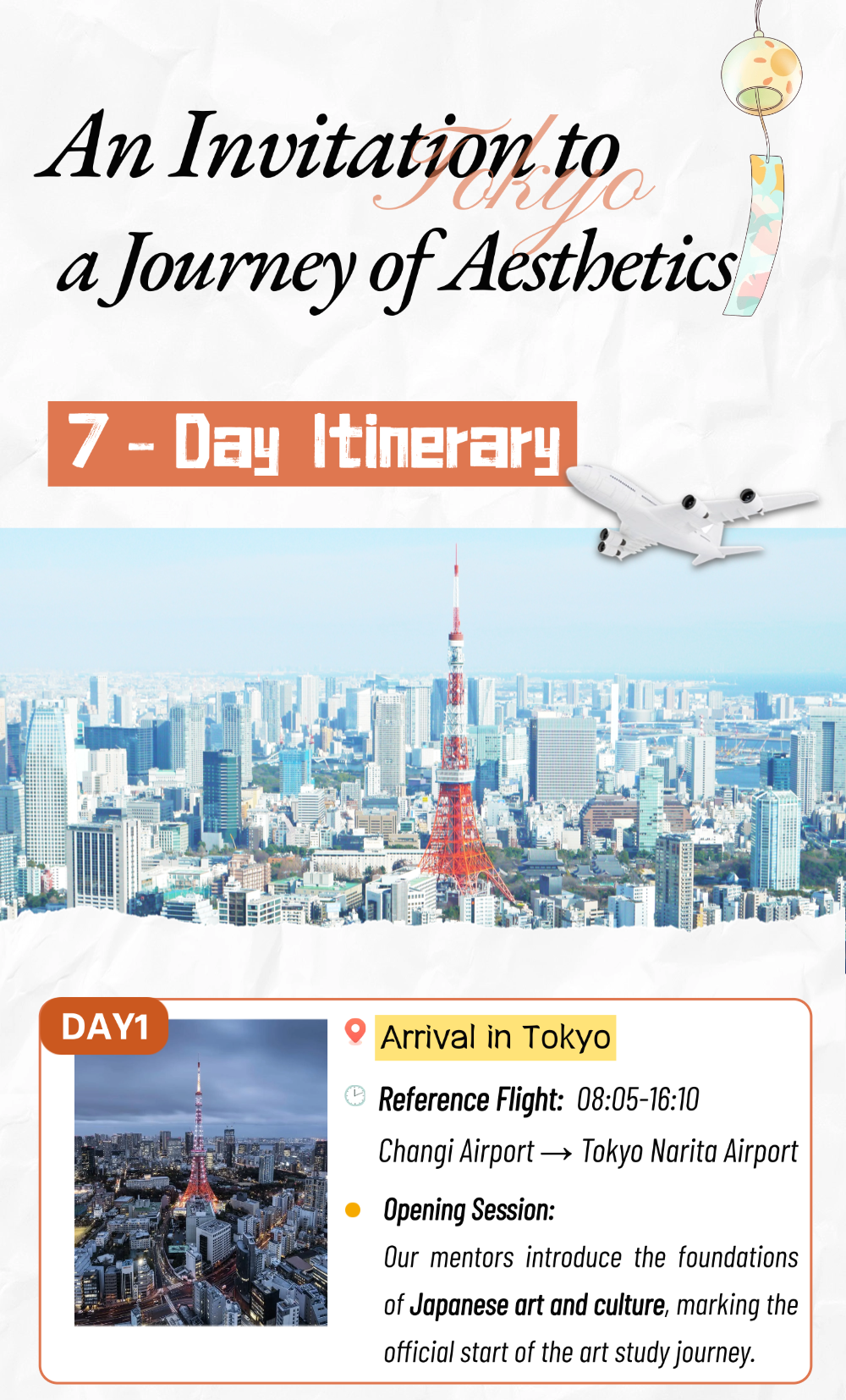 Itinerary slide titled "An Invitation to a Journey of Aesthetics" showing the Tokyo skyline and Day 1 details: arrival in Tokyo and the opening session introducing Japanese art and culture