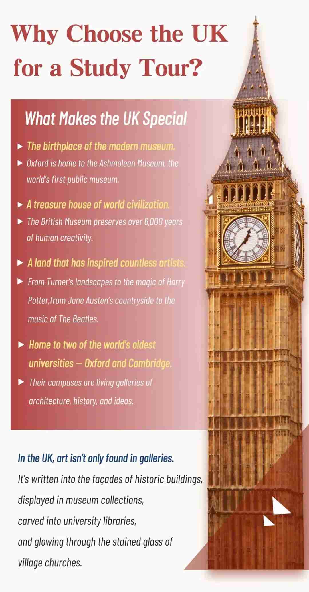 Infographic titled "Why Choose the UK for a Study Tour?" listing the UK's museums, universities, and artistic heritage beside an image of Big Ben