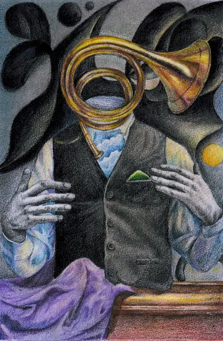圆号男人 (French Horn Man) by 吴童雨, an artwork capturing music as a vehicle for human emotion, submitted by 武汉康礼高级中学